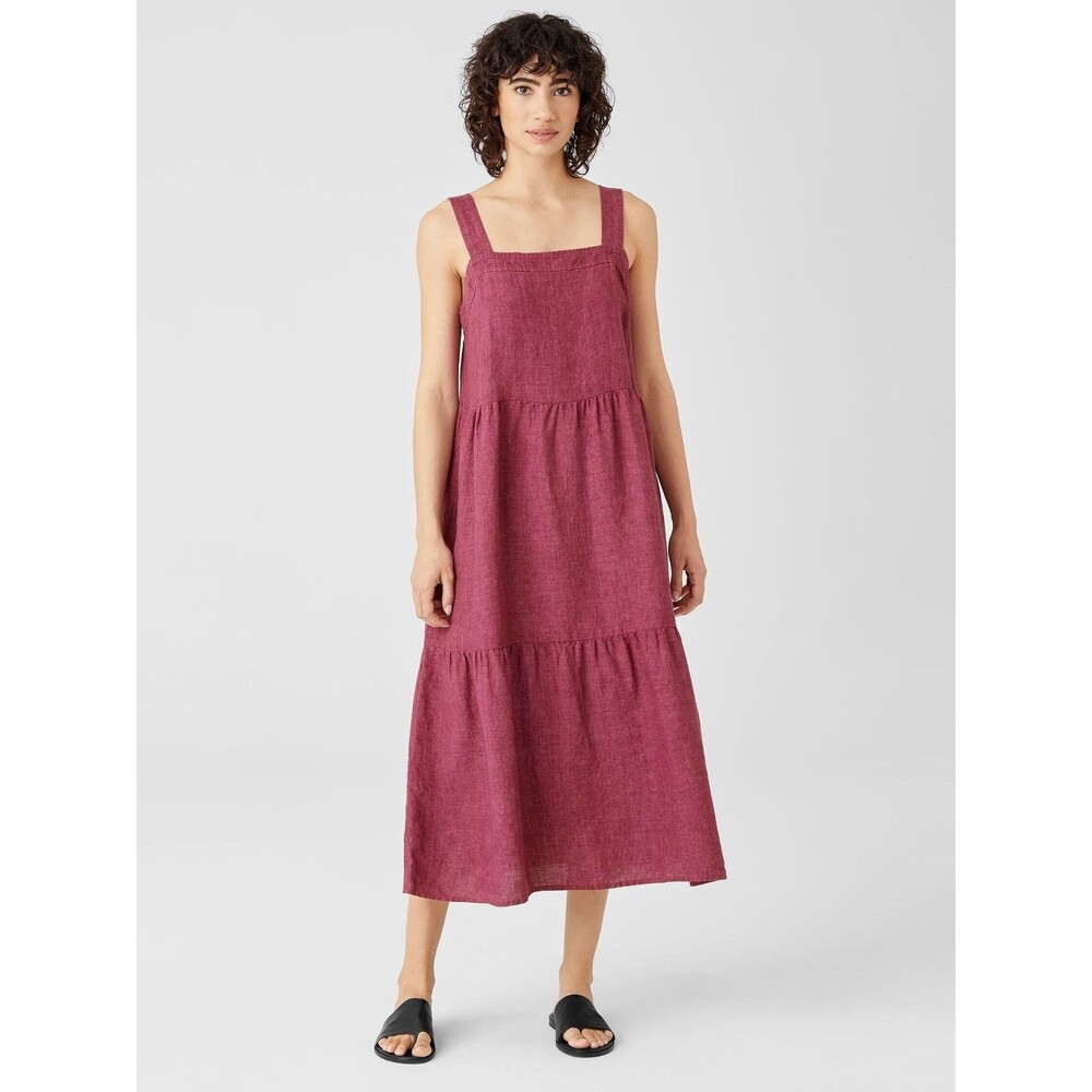 Eileen Fisher Washed Organic Linen Delave Tiered Dress in Berry Size MEDIUM - Picture 6 of 6